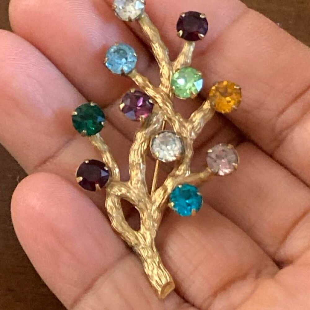 Vtg Van Dell 1/20 12K GF Rhinestone Tree of Life Branch Brooch Pin Multicolor